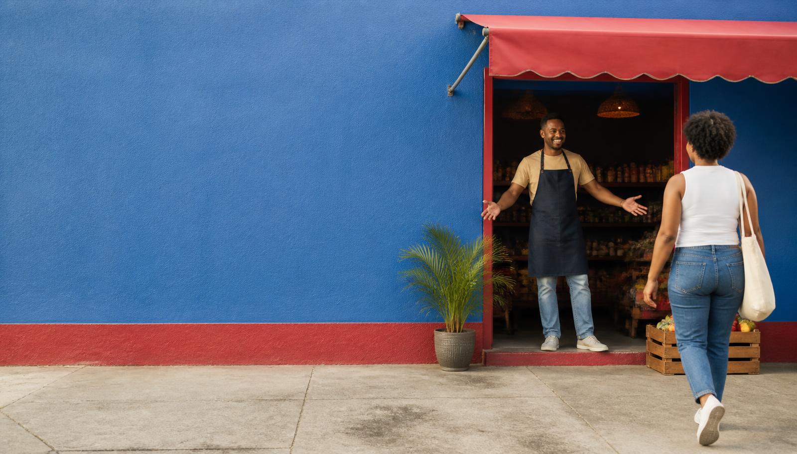 Comerciante recebendo uma cliente na porta de sua loja de bairro com fachada azul e vermelha