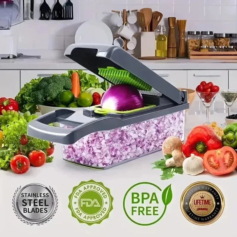 Chopper vegetal multifuncional com alça, grelha de comida, fatiador vegetal, Dicer, cortar itens de cozinha, 14 em 1, 16 em 1